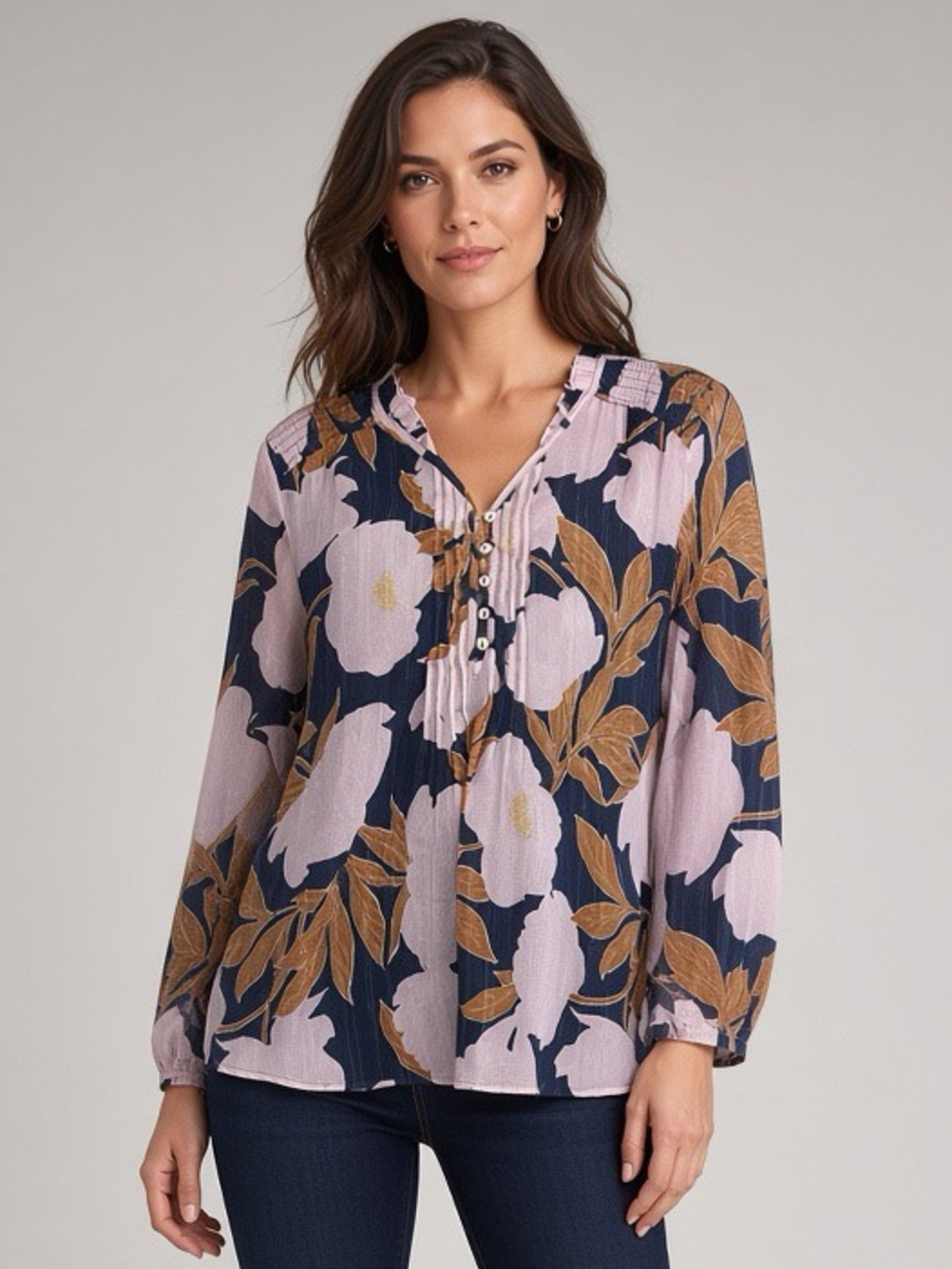 Daniel Rainn Blush Pink and Navy Floral Pleated V-Neck Blouse